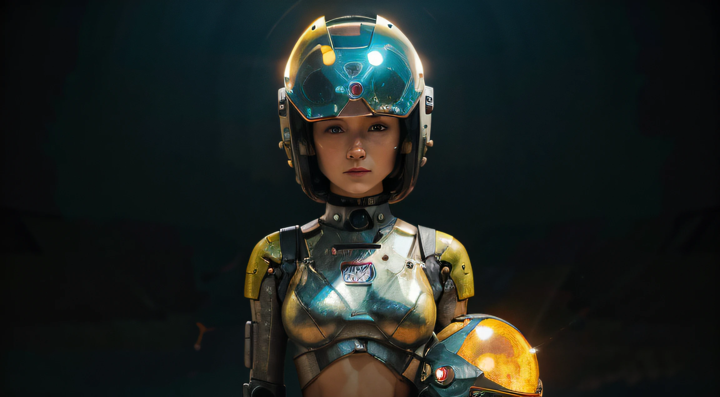 A Robot Girl with Rocketeer and helmet, tongs in hands, Tv head, pinhead, Black and Yellow Pink Cyan Rusty, Ambient in a meteorite crater super detailed, center, beautiful, soft lighting, focused on the character, 4K resolution, photorealistic rendering.