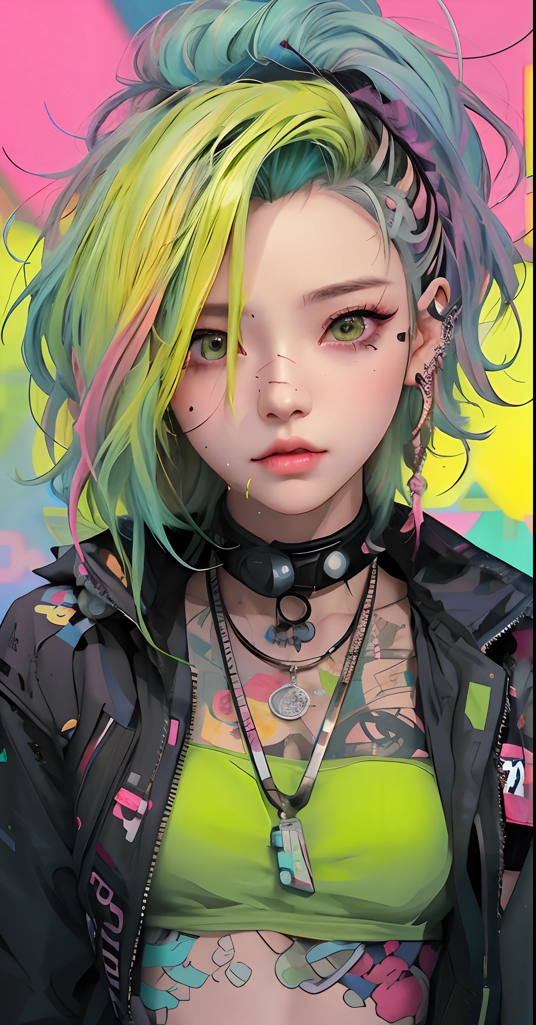 a woman with colored hair and piercings wearing a green top, rossdraws cartoon vibrant, rossdraws pastel vibrant, cyberpunk anime art, cyberpunk artstyle, cyberpunk anime art, anime vibes, cyberpunk style color, decora inspired illustrations, Digital Cyberpunk - Anime Art, 8 0 s anime vibe, cyberpunk anime girl, digital cyberpunk anime art, Arte estilo de anime