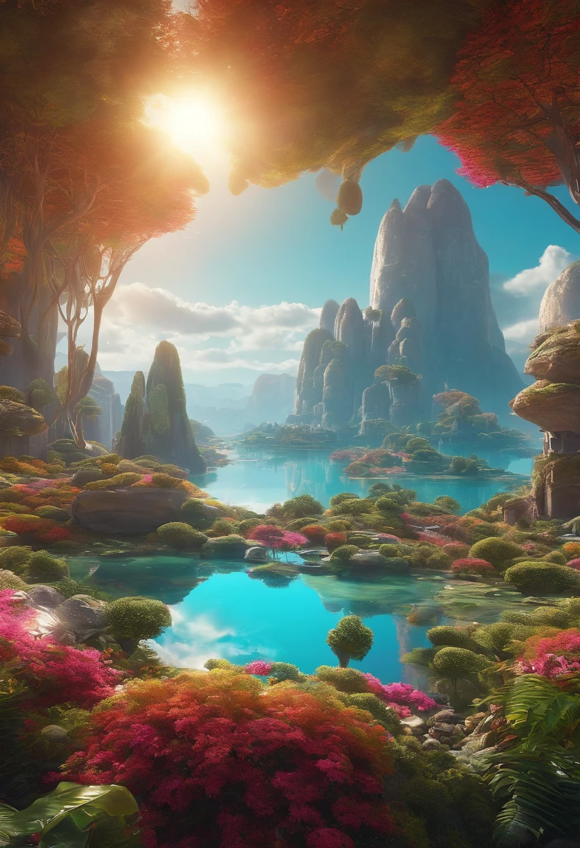 Utopian world, Awesome bright colors, , The future of utopia, ighly detailed,  The perfect world, Reflective surfaces, Subsurface Dispersion, Beyond imagination, 8K,, wide angles, Divine Rays, World of Dreams、Sci-fi world、kosmos、planetes