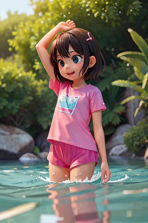 there is a young girl that is swimming in the water, in the water, in the sea, in water, in a sea, in water up to her shoulders, playing with the water, happy kid, pink t-shirt, wet