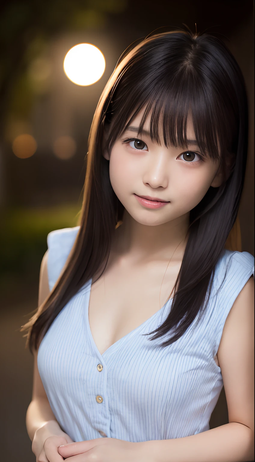 masutepiece, Best Quality, 8K, 8years old, Teen, Raw photo, absurderes, award winning portrait, Smile, Solo, (Night:1.8), Idol face, Delicate girl, Upper body, Digital SLR, Looking at Viewer, Candid, Sophisticated,Thin arms, Professional Lighting, Film grain, chromatic abberation, (Eyes and faces with detailed:1.0), (Bokeh:1.1) , (Office Lady Uniform:1.1) , closes mouth , A dark-haired , drooing eyes , large full breasts , (Thick lip:1.2) , 10 year old face