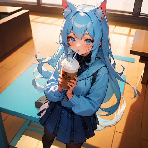 Light blue long-haired。Cat's ears。I'm in a café。I'm holding a straw。Looking from above。turtle neck。Plaid skirt。tights。Cute