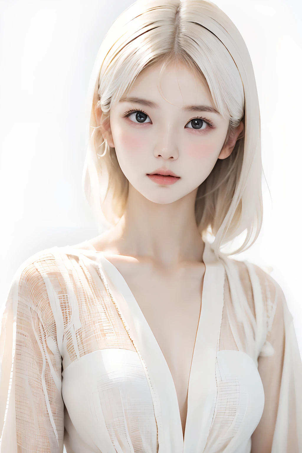 (((White background:1.3)))、Best Quality, masuter piece, High resolution, albino girl、beautiful white hair:1.5、(((1girl in))), sixteen years old,(((eyes are white:1.3)))、robe blanche、((White shirt:1.3、White Block Dress)), Tindall Effect, Realistic, Shadow Studio,Ultramarine Lighting, dual-tone lighting, (High Detail Skins: 1.2)、Pale colored lighting、Dark lighting、 Digital SLR, Photo, High resolution, 4K, 8K, Background blur,Fade out beautifully、a white world、White background