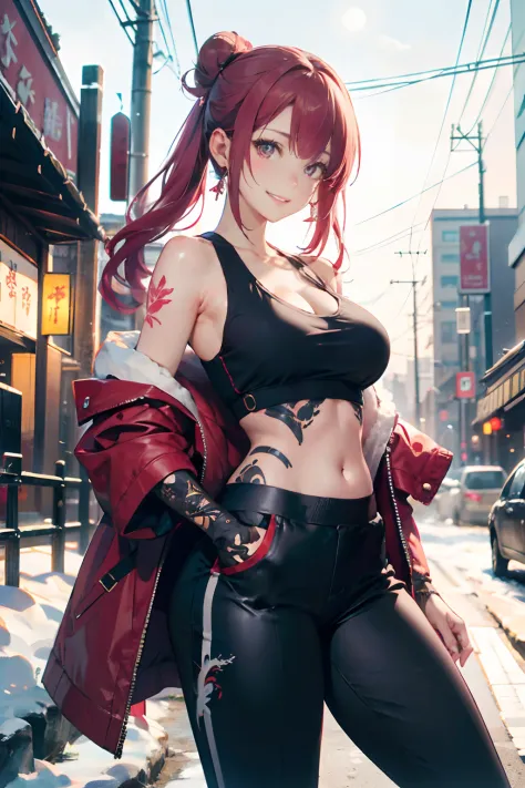 a 20 yo woman、Pink hair、Pink hair、long twintail、Big smile、cleavage of the breast、voluptuous breasts、Thighs at a glance、fishnet t...