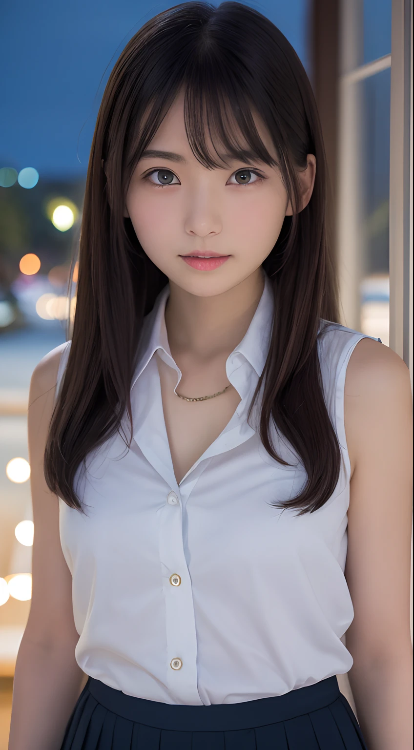 masutepiece, Best Quality, 8K, 8years old, Teen, Raw photo, absurderes, award winning portrait, Smile, Solo, (Night:1.8), Idol face, Delicate girl, Upper body, Digital SLR, Looking at Viewer, Candid, Sophisticated,Thin arms, Professional Lighting, Film grain, chromatic abberation, (Eyes and faces with detailed:1.0), (Bokeh:1.1) , (Office Lady Uniform:1.1) , closes mouth , A dark-haired , drooing eyes , large full breasts , (Thick lip:1.2) , 15-year-old face , red-lips