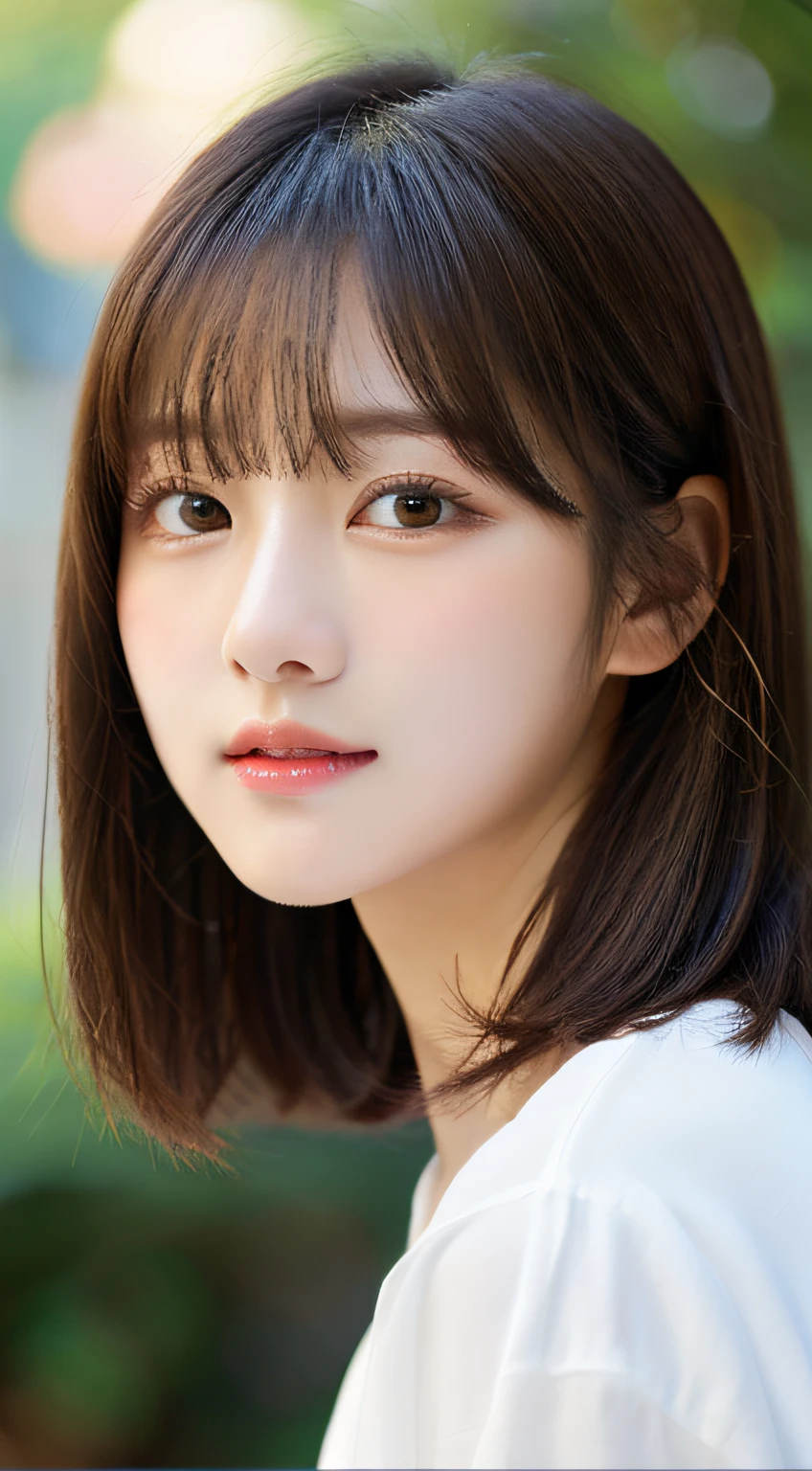 ((Beautiful and shiny、Neat straight bob hair))、En plein air, solo,top-quality、hyper HD、By bangs　(Beautiful fece:1.3) ((kawaii:1.3))、((Sixteen years old)) White shirt　Decolletage　Natural color lips　(Lori)  Sense of cleanliness　Pure　half-open lips　((kawaii)) ((frontage))