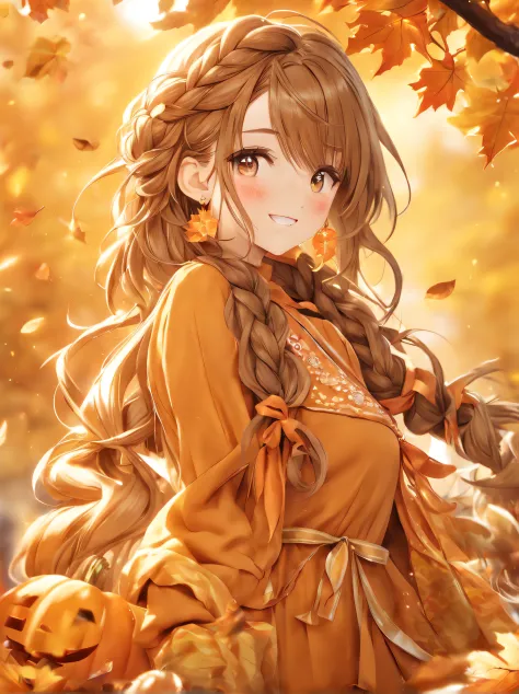 (Best Quality:1.5, Highres, UHD, 8K, Detailed Lighting, Shaders), Brown Long Hair, Braided Layered hairstyle, Orange Ribbon, Ora...