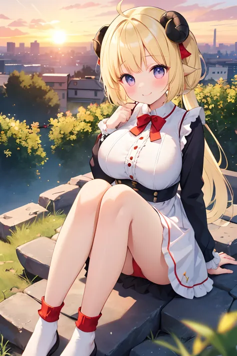 Girl in ruffled dress and white ruffled socks. On a hill overlooking the city.Red panties、Overconnection.Sit hand in hand.Long sleeve,side poneyTail、(Legs spread posture)、A smile、the setting sun、(Huge breasts:1.2)、Front view、(cammel toe:1.2)