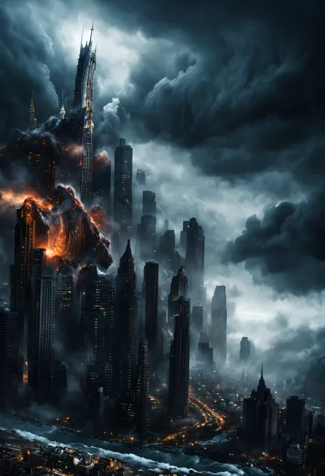(best quality,4k,8k,highres,masterpiece:1.2),ultra-detailed,(realistic,photorealistic,photo-realistic:1.37),despairing giant,angelic and demonic beings,powerful monster,gleaming swords,majestic and dark atmosphere,modern cityscape,furious water,stormy weat...