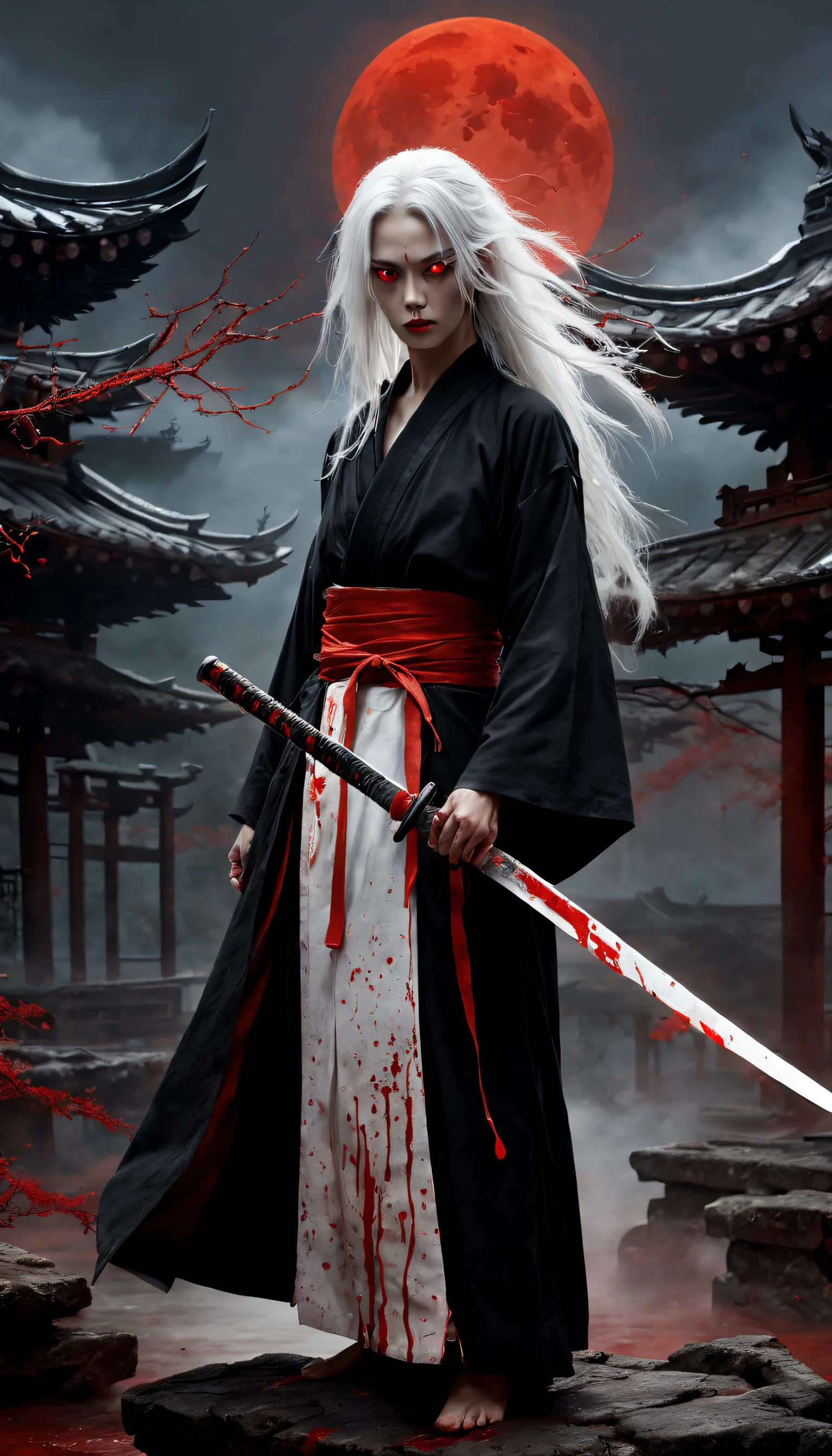 Terrible martial arts,Holding a menacing sword,Dressed in black tattered robes,Long white hair,luminous red eyes,Intimidating presence,((Blood splattered)),Dark and mysterious,Twisted branches,The mist rolled in,Moonlight illuminated the scene,dark palette,Subtle orange and red,Crumbling stone buildings,Remote location,mystical aura,hauntingly beautiful.(Best quality,4K,A high resolution,Masterpiece:1.2),Ultra-detailed,Realistic