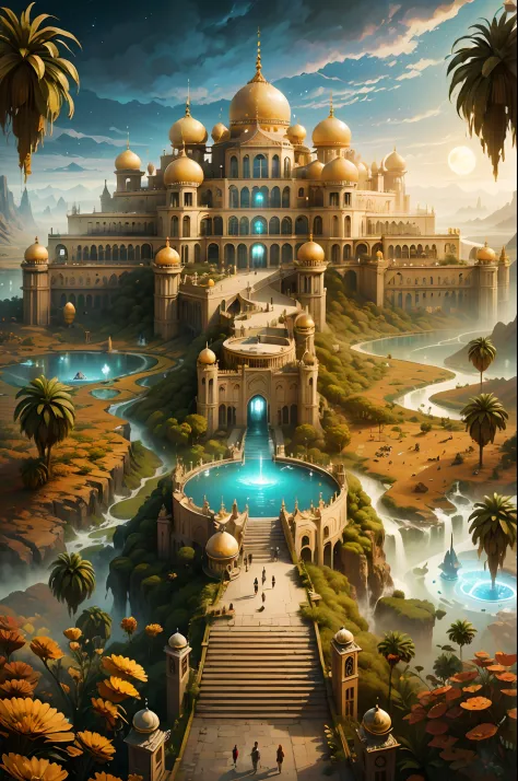 fantasy theme, very far view of a colossal Persian style silver-golden palace sits in the middle of desert with hundreds of floo...