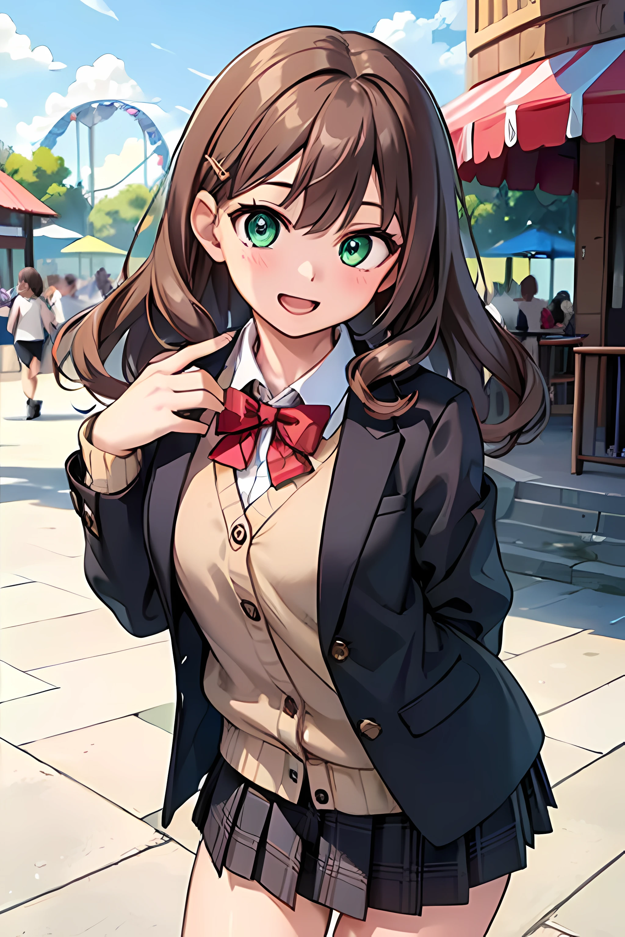 ((masterpiece, best quality, highres, UHD, perfect pixel, depth of field, 4k, RTX, HDR))), 1girl, single, solo, beautiful anime girl, beautiful artstyle, anime character, ((long hair, bangs, dark brown hair, hair pin, curly hair)), ((green eyes:1.4, detailed eyes, beautiful eyes, perfect eyes,curly eyelashes, realistic eyes)), ((detailed face, blushing:1.2)), ((smooth texture:0.75, realistic texture:0.65, photorealistic:1.1, anime CG style)), medium breasts, ((dynamic angle, cowboy shot)), perfect body, ((red bowtie, , black jacket, open jacket, brown cardigan, white shirt, black skirt, plaid skirt)), smile, open mouth, hand behind back, leaning forward, amusement park