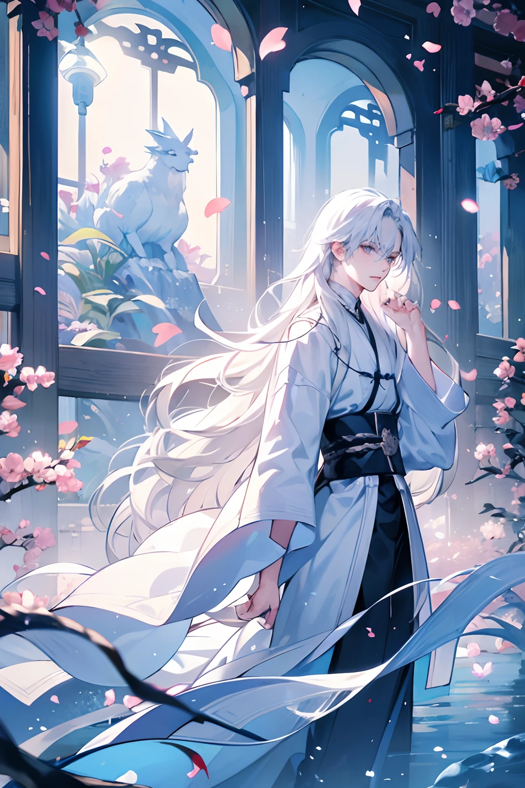 1boys，long whitr hair，Pale teenager，Dark clothes，（（（Rose blanche））），white  shirt，The screen contrast is low，High brightness，Long white hair，Rose flower，bloods，Light blue leaves，softlighting，misterious ambience，Chinese landscape, En plein air, Flowers and trees, waterfallr,butterflys， Portrait, color difference, Depth of field, dramatic shadow, Ray tracing, Best quality, Cinematic lighting, Extremely detailed CG, 8K wallpaper,，