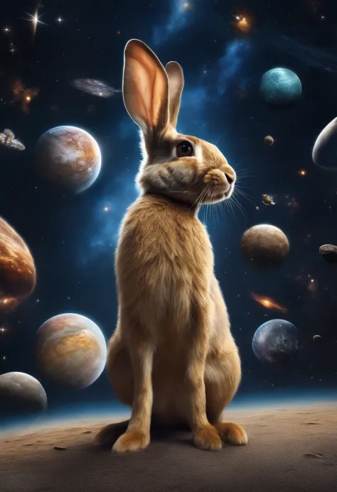 A rabbit is looking into space、 It is surrounded by a cosmic ocean of galaxies and nebulae that form a unique constellation. In the bubble surrounding it、Contains fragments of knowledge and secrets of the universe. The photo was taken with an 18mm wide-ang...