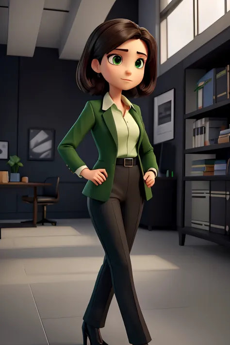 A young, businesswoman, serious, chic and wise woman, with short straight dark hair, green eyes, wearing black dress pants, a black blouse and a green flag brazer, black high heels, with a smartphone in her hand.