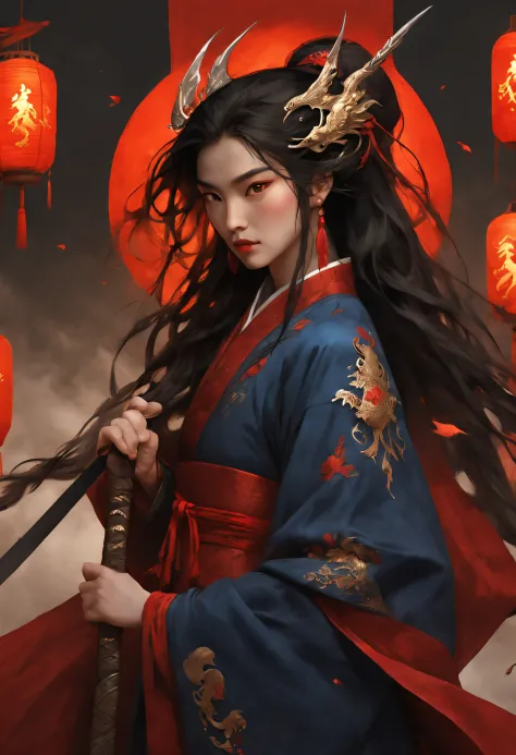 （Mulan is wearing a phoenix helmet and dark blue armor and is wielding the Celestial Dragon Sword），（full bodyesbian），（shelmet），（...
