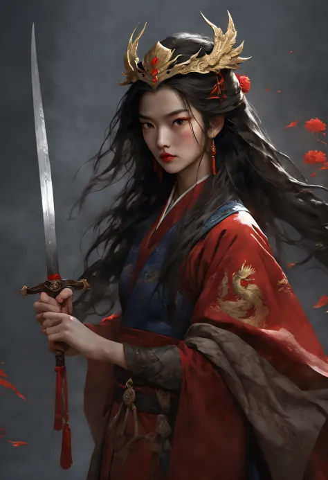 （A picture of a chivalrous Mulan wearing a phoenix helmet and dark blue armor wielding a long sword），（full bodyesbian），（shelmet）...