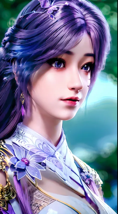 (Masterpiece:1.3),(Best quality:1.4),(Upper body:1.3),(Photorealistic:1.4),Yunxi,Long hair,Purple eyes,Butterfly,(Ultra detailed...