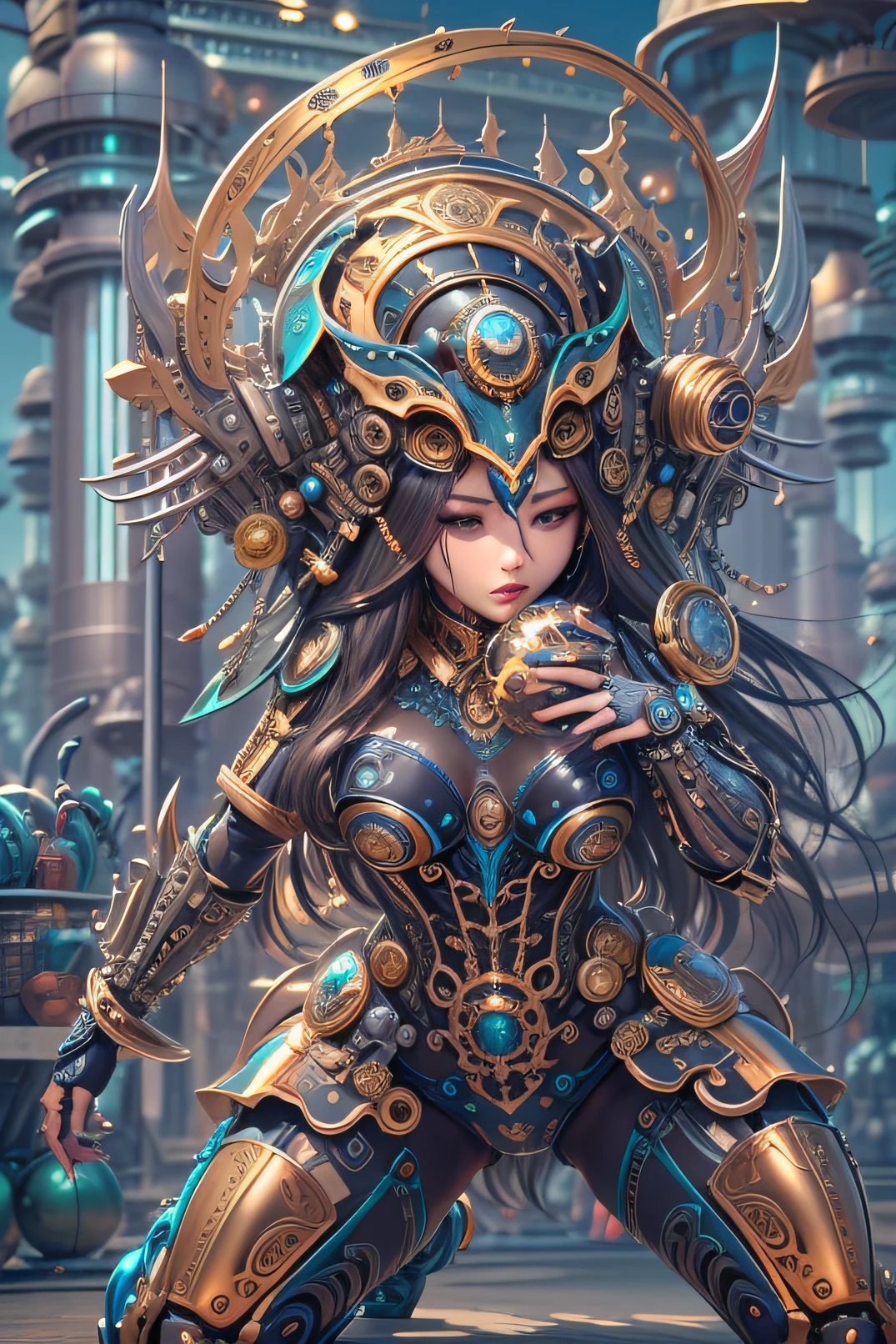 (Best quality, A high resolution, Ultra-detailed), [(A metal mechanical sexy woman),Complex and intricate mechanical structure.Brilliant and vibrant colors,Metallic texture and shiny surface],blue-sky,baiyun,Background with。