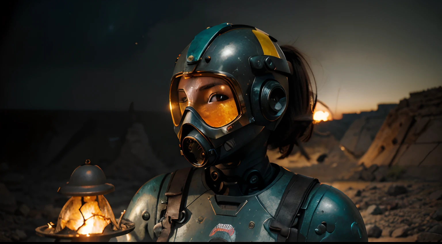 A Robot Girl with helmet gas mask, the Rocketeer style, tongs in hands, Tv head, pinhead, Black and Yellow Pink Cyan Rusty, Ambient in a meteorite crater super detailed, center, beautiful, soft lighting, focused on the character, 4K resolution, photorealistic rendering.