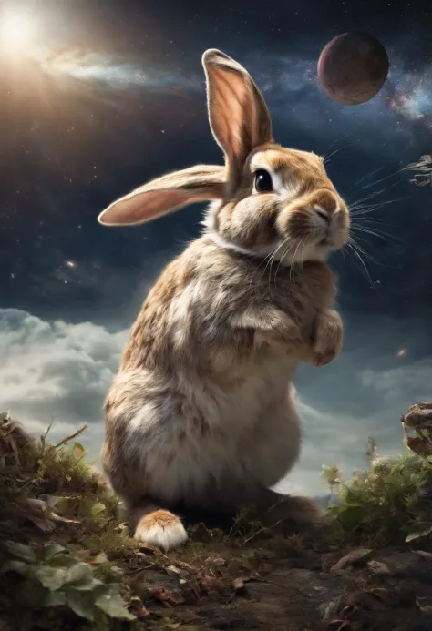 A rabbit is looking into space、Rabbit back、 The photo was taken with an 18mm wide-angle camera, In 8K Photorealism, Create images that evoke wonder and admiration for the vastness of the universe.