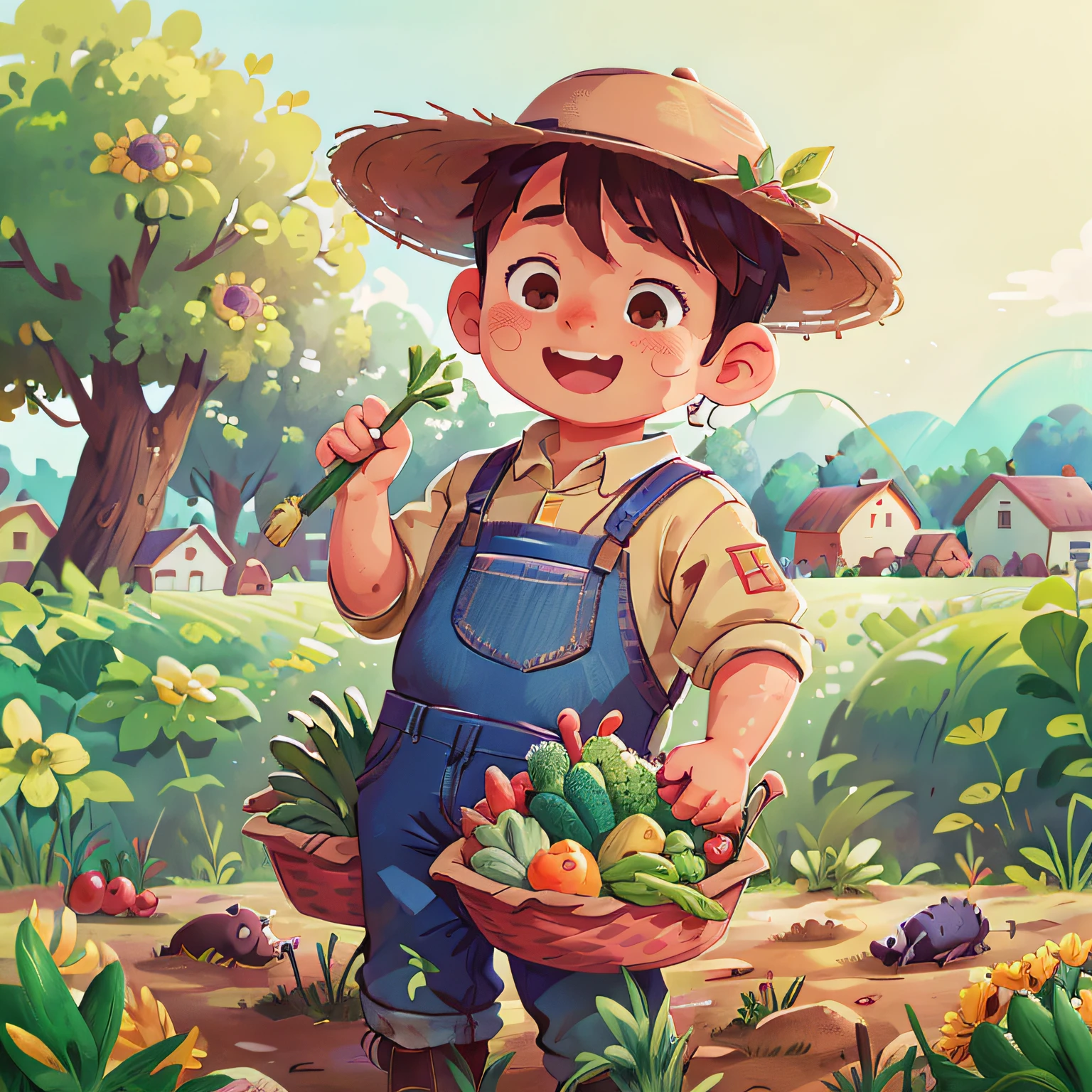 Farmer's clothing、Male 、The background is a farm、Harvesting vegetables、Idyllic atmosphere、perfectquality、Clear focus (Clutter-Home:0.8)、(​masterpiece:1.2) (realisitic:1.2) (bokeh dof) (top-quality) (detailed skins:1.3) (intricate-detail) (8K) (Eye of Detail) (foco nítido), (Happiness)