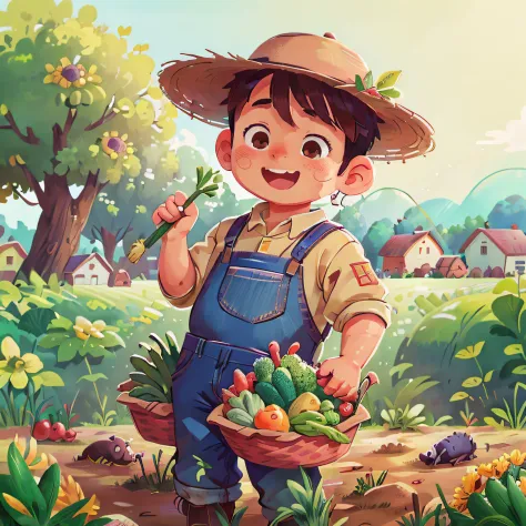 Farmer's clothing、Male child、The background is a farm、Harvesting vegetables、Idyllic atmosphere、perfectquality、Clear focus (Clutter-Home:0.8)、(​masterpiece:1.2) (realisitic:1.2) (bokeh dof) (top-quality) (detailed skins:1.3) (intricate-detail) (8K) (Eye of Detail) (foco nítido), (Happiness)