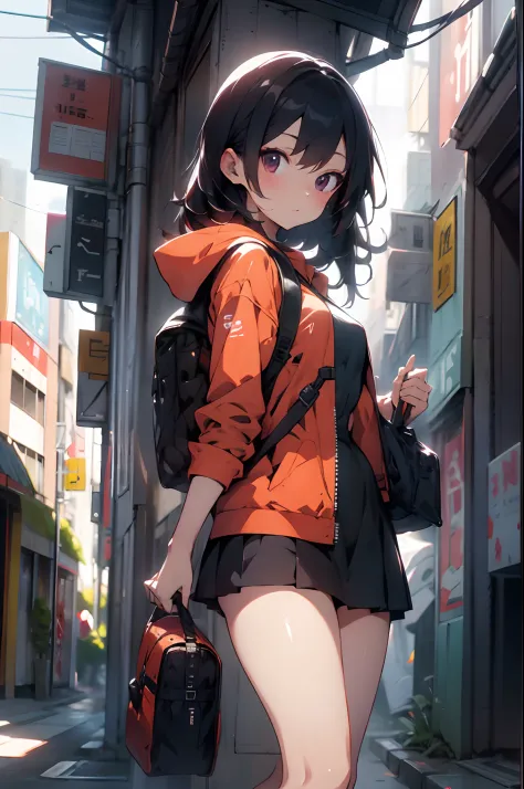 anime girl with a gun and a backpack standing in front of a wall of newspapers, Trendy Girl, wearing a cool jacket, cap, red brake wall with newspaper background, anime style 4 k, artwork in the style of guweiz, best anime 4k konachan wallpaper, cyberpunk ...
