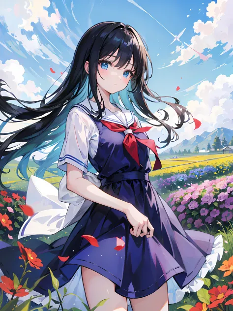 anime girl standing in a countryside, flower fields, blowing air, clear sky, blue dress, long black hair, blue eyes, small breasts, looking up into the sky, school girl, ultrasharp, masterpiece, high res, 8k