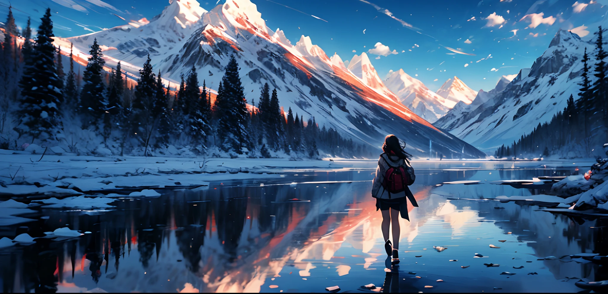 masterpiece, concept art, a woman standing in front of a lake with mountains in the background, pixiv contest winner, anime moe artstyle, train with maroon, walking toward you, blu ray cover usa, mountains of ice cream, girl with brown hair, aesthetic ”, clear water, pc screen image