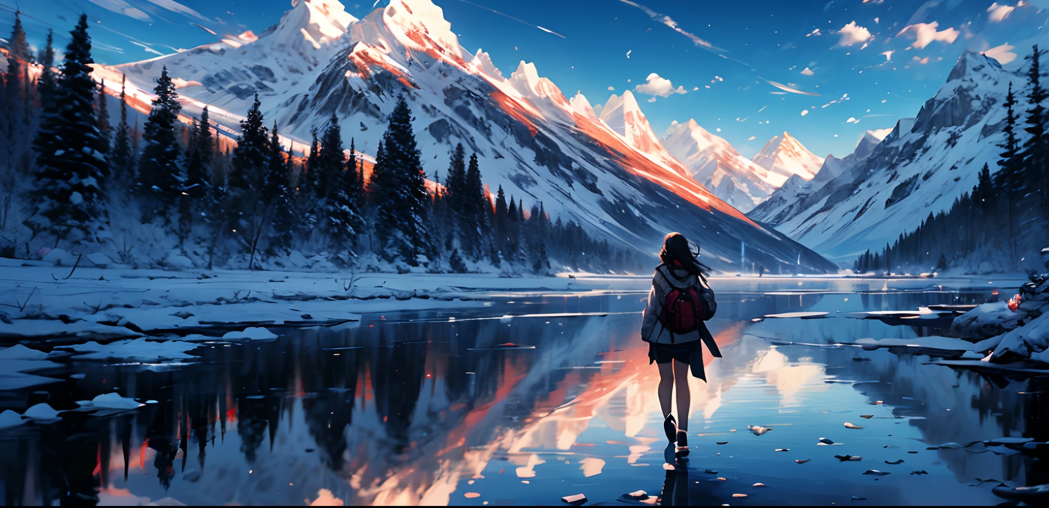 obra maestra, Arte conceptual, una mujer parada frente a un lago con montañas al fondo, Ganador del concurso pixiv, Estilo artístico del anime Moe, tren con granate, caminando hacia ti, portada blu ray ee.uu., montañas de helado, chica con cabello castaño, estético &quot;, Agua clara, imagen de la pantalla de la computadora