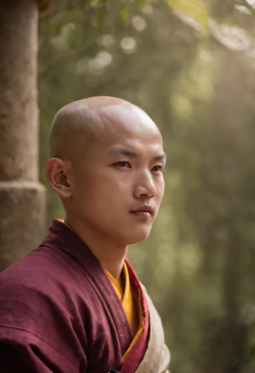 Handsome Shaolin monk、(((1 juvenile，bald-headed，buddhist monk，full bodyesbian，tear-mole:)))full bodyesbian，Sharp eyes，Clear facial features，Angular，dressed white hanfu，Chinese Kung Fu，Powerful dynamic posture，The body is surrounded by purple mist，Runes surround you，Martial arts action，Holographic reality，holographic halo，dynamic blur，Game lighting effects，rim-light，Soft light，cinematic rim light，The light is delicate