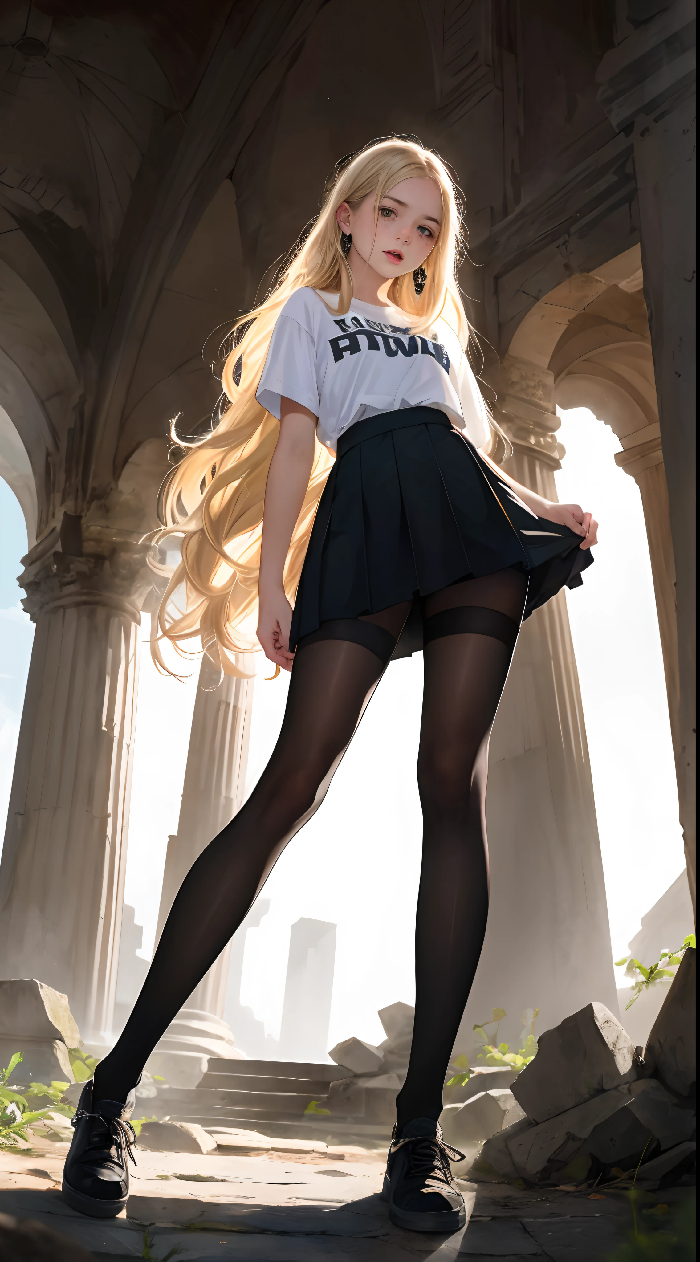 ((Pre-teen)), beautiful girl, model body, freckles on her face, light_green_eyes, small breasts, large earrings, t-shirt, skirt with black tights, cloth shoes, full body, shot from below, very white skin , very long hair, wavy hair, blonde hair, ancient ruins, photorealistic, indirect lighting, volumetric light, ray tracing, hyper-detailed, best quality, ultra-high resolution, HDR, 8k