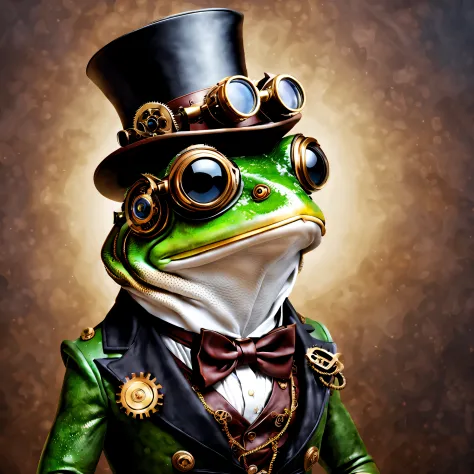 steampunk, A steampunk-inspired cyborg frog wearing a top hat, a bow tie, and dark goggles.