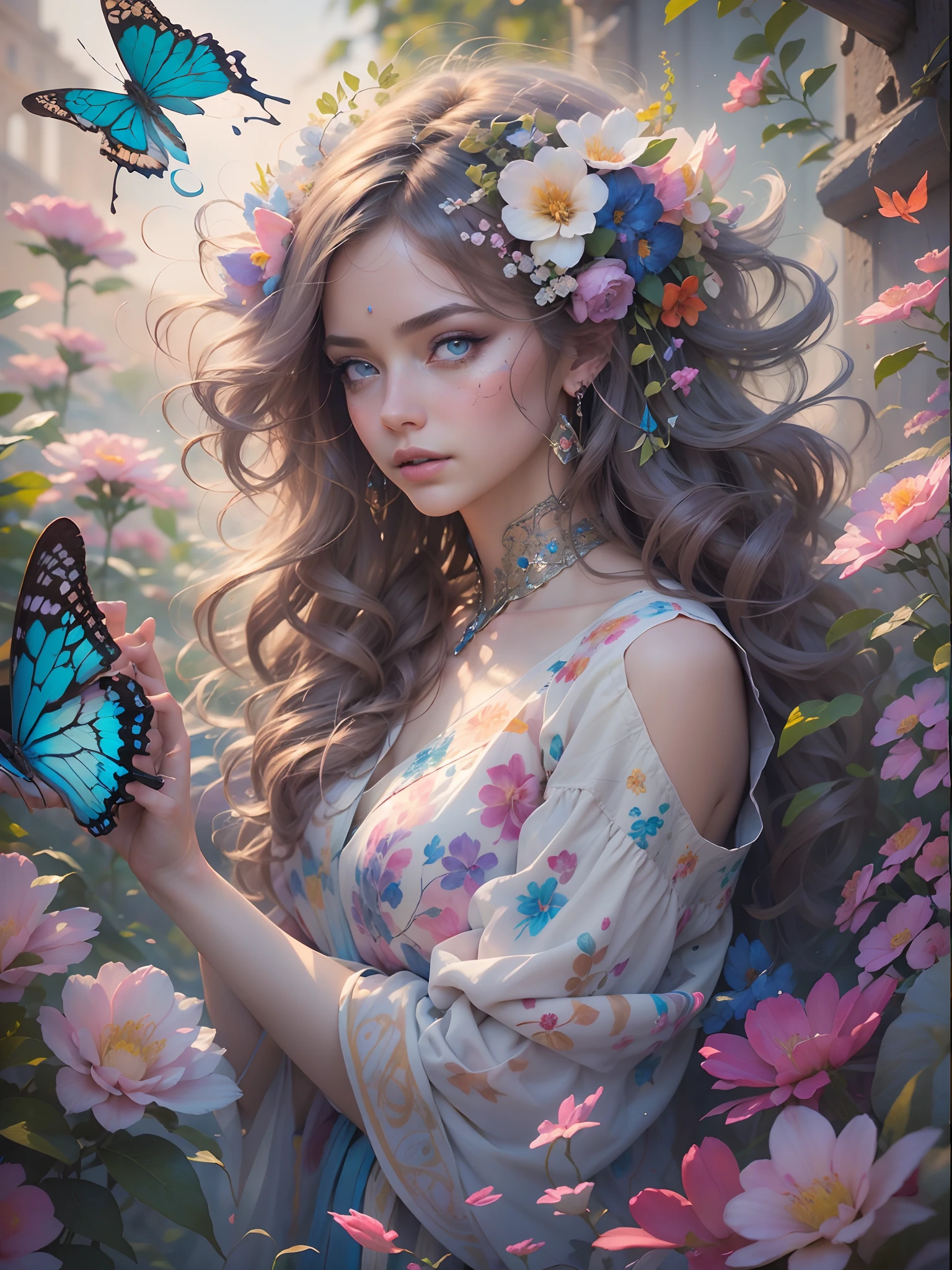This artwork is dreamy，With a style of mythological fantasy, Soft watercolor tones，Shades of pink, Blue, and purple. Generate gorgeous characters from Greek mythology and realistic skin and hair textures. Her strength, Proud face with realistic shadowed eyes and puffy lips, And a big mouth. Her softness, Realistic hair dancing in the breeze，Surrounded by flowers and delicate butterflies. Includes highly detailed fantasy style，Includes beautiful watercolor sky. Includes 8K eyes, hires eyes, Beautiful detail eyes, Beautiful detailed eyes, and realistic eyes. Including fantasy details, Enhanced detail, rainbowing, and colorful glitter. Pay special attention to her face，Make sure it's beautiful and realistic details. 8K, Intricate, elegant, Highly detailed, Majestic, Digital photography, Art by Artgerm and Ruan Jia and Greg Rutkowski, (((Masterpiece, fine detailed beautiful eyes: 1.2))), hdr, ((Realistic skin texture)), llight rays, ornate flowers, dewdrops, Sunlight, Hazy sunlight, estilo FlowerGateway, Castle, Palace, Archway, Flowers, Growing
