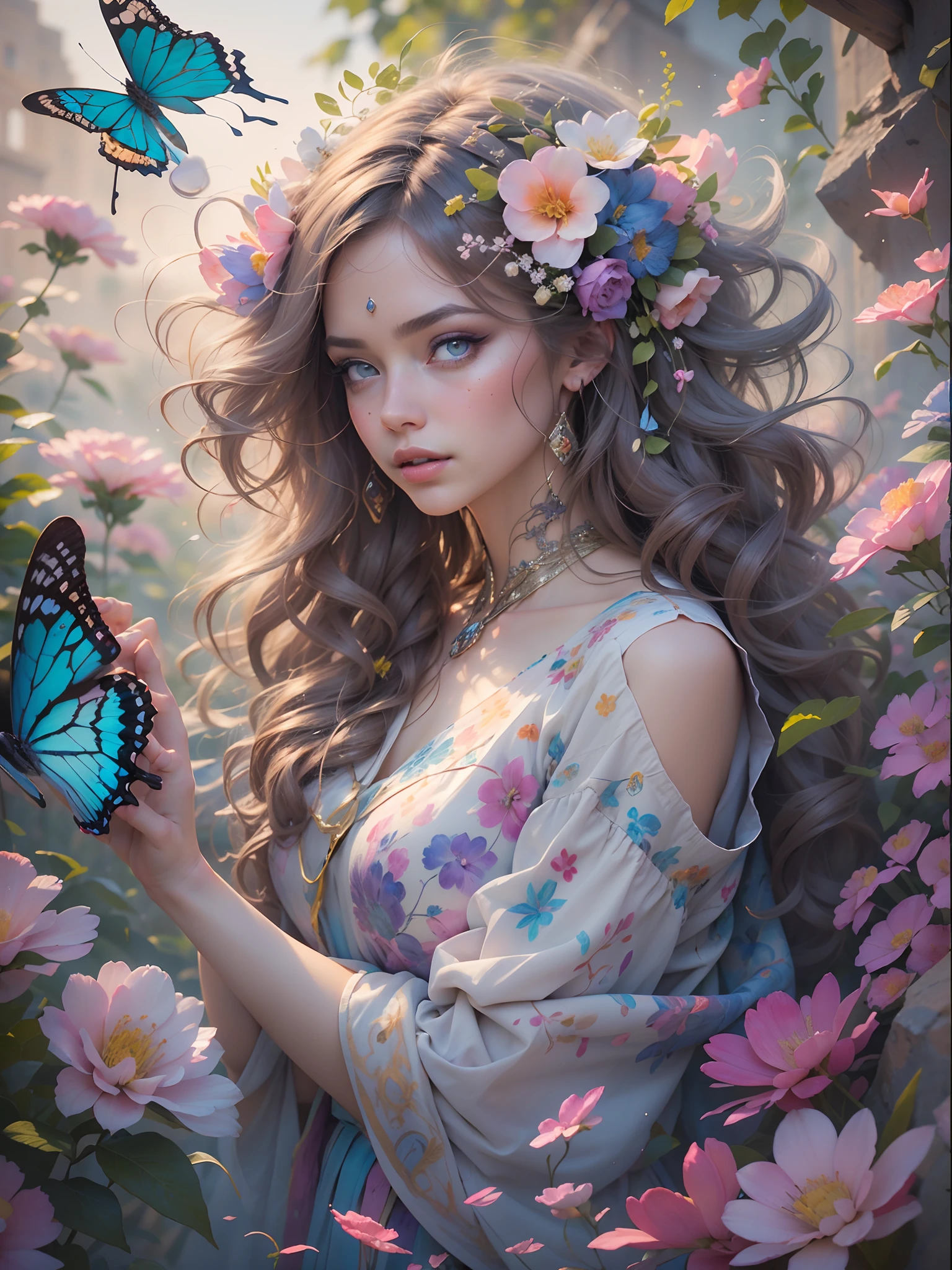 This artwork is dreamy，With a style of mythological fantasy, Soft watercolor tones，Shades of pink, Blue, and purple. Generate gorgeous characters from Greek mythology and realistic skin and hair textures. Her strength, Proud face with realistic shadowed eyes and puffy lips, And a big mouth. Her softness, Realistic hair dancing in the breeze，Surrounded by flowers and delicate butterflies. Includes highly detailed fantasy style，Includes beautiful watercolor sky. Includes 8K eyes, hires eyes, Beautiful detail eyes, Beautiful detailed eyes, and realistic eyes. Including fantasy details, Enhanced detail, rainbowing, and colorful glitter. Pay special attention to her face，Make sure it's beautiful and realistic details. 8K, Intricate, elegant, Highly detailed, Majestic, Digital photography, Art by Artgerm and Ruan Jia and Greg Rutkowski, (((Masterpiece, fine detailed beautiful eyes: 1.2))), hdr, ((Realistic skin texture)), llight rays, ornate flowers, dewdrops, Sunlight, Hazy sunlight, estilo FlowerGateway, Castle, Palace, Archway, Flowers, Growing
