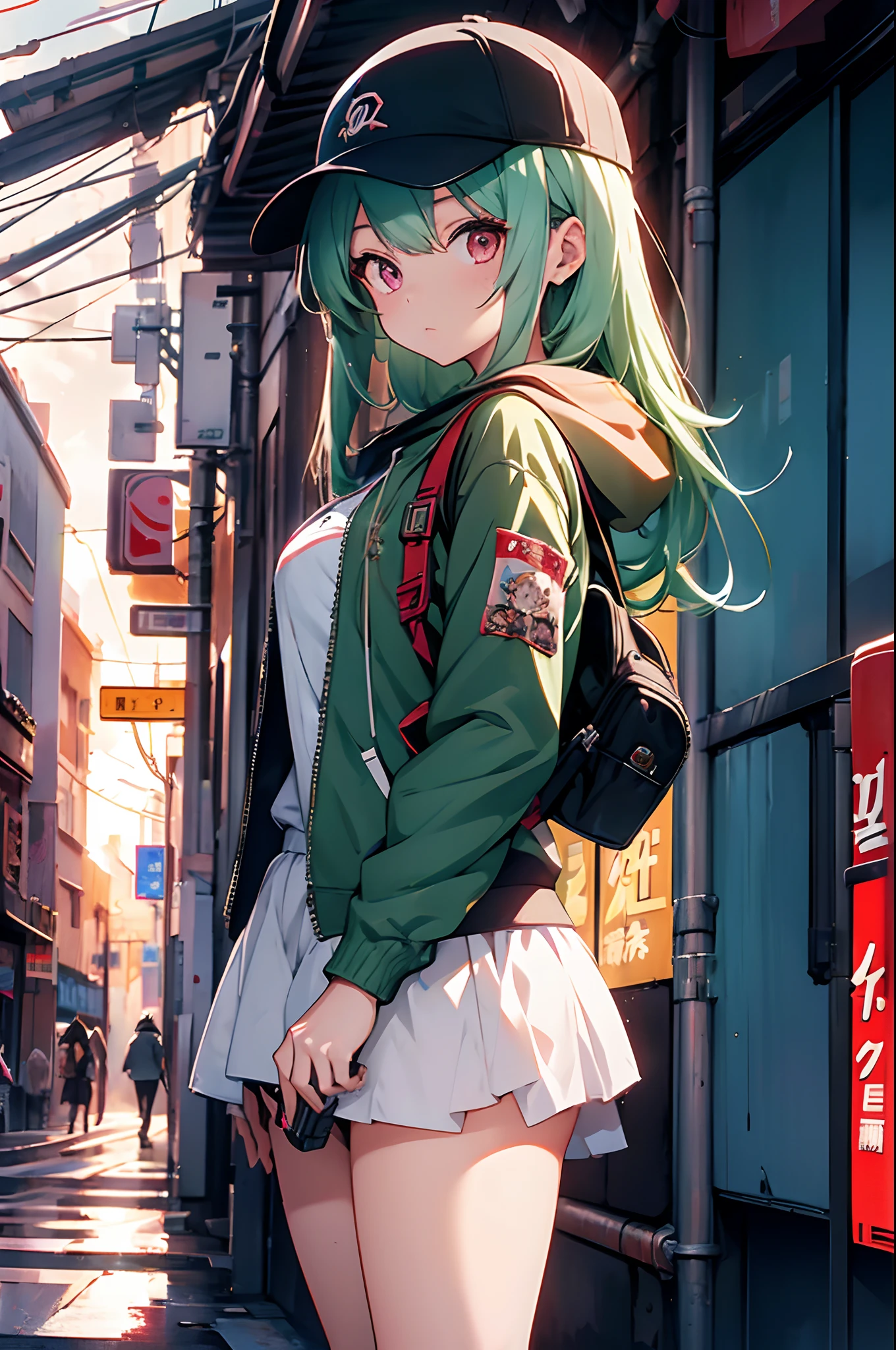 Chica anime con una pistola y una mochila parada frente a una pared de periódicos., pelo largo y verde, emo, chica de moda, usando una chaqueta genial, gorra, pared de freno roja con fondo de periódico, estilo animado 4 k, obra de arte al estilo de guweiz, mejor fondo de pantalla de anime 4k konachan, chica anime cyberpunk con capucha, fondo de pantalla de arte anime 8 K, e-chica, e - niña, guweiz, estilo animado. 8K, Fondo de pantalla de arte anime 4K