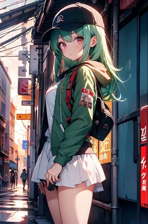 anime girl with a gun and a backpack standing in front of a wall of newspapers, long green hair, emo, Trendy Girl, wearing a coo...