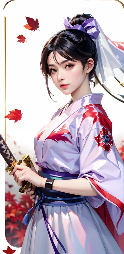 full body photography art illustration，in the painting, a full-length woman holding a katana faces the camera，purple samurai sui...