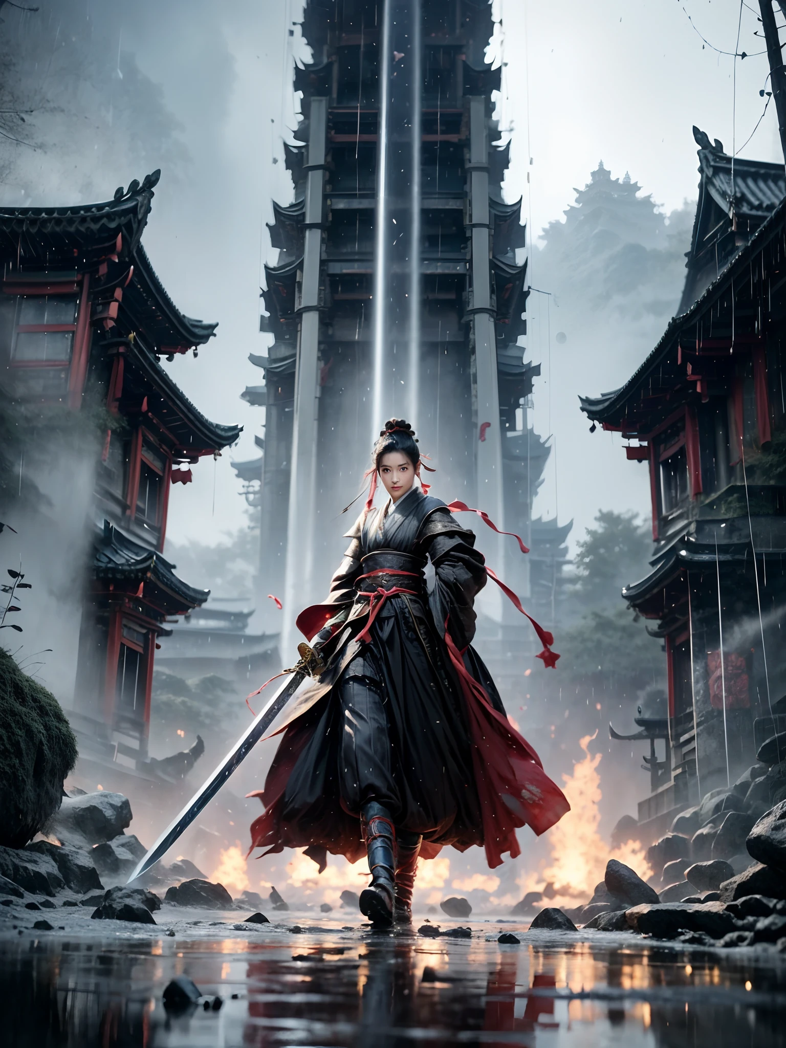 (((1 girll，solo，Hanfu，shift dresses，Red ribbons，handheldweapons，The sword，looking at viewert, wounded in fight, In heavy rain, swordsman)))，Magnificent, In the background is a huge Buddha statue and pagoda, heavenly, Ethereal, painting of a, Epic, Majestic, magical, Fantasy art, Dreamy，Ethereal fantasy concept art, tmasterpiece，best qualtiy，8K，Crazy details，complexdetails，ultra - detailed，Super mass，high detal