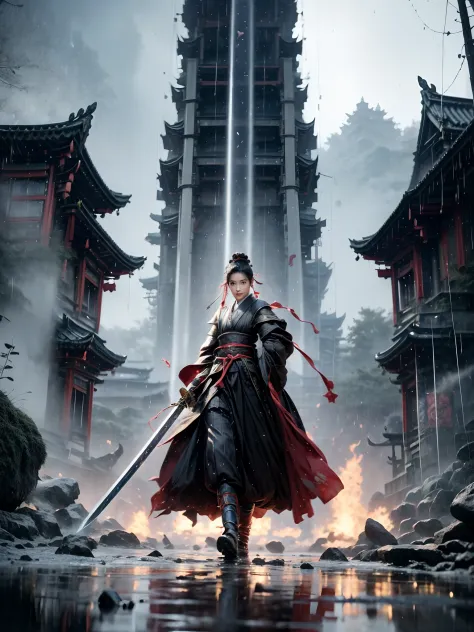 (((1 girll，独奏，Hanfu，shift dresses，Red ribbons，handheldweapons，The sword，looking at viewert, wounded in fight, In heavy rain, swo...