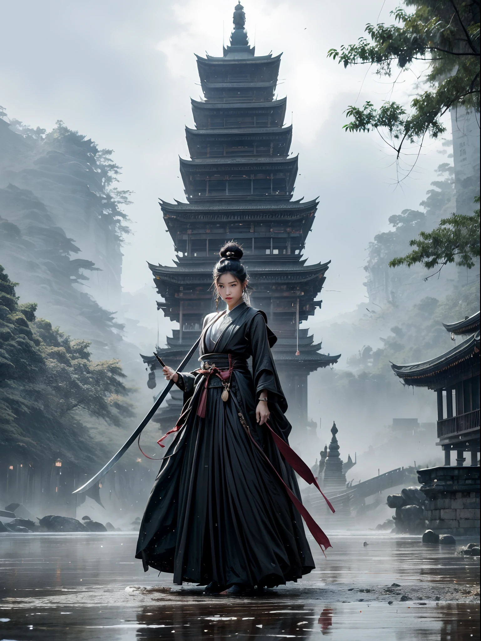 空靈的 fantasy concept art, 女孩，獨奏，Hanfu，直筒洋裝，紅絲帶，珠寶，風，長袖，長白髮，髮飾，乳頭流蘇，手持武器，劍，看著觀眾, 在戰鬥中受傷, 大雨中, 不能失敗, 黑髮, 雙髮髻,臉紅,汗,傲慢, 華麗的, 天上的, 空靈的, 畫一個, 史詩, 雄偉, 神奇, 幻想藝術, 封面藝術, 夢幻般的，劍客，(戲劇、革質的、慷慨：1.4），背景是巨大的佛像和宝塔, 傑作，最好的品質，8K，瘋狂的細節，複雜的細節，超詳細，超大品質，高細節