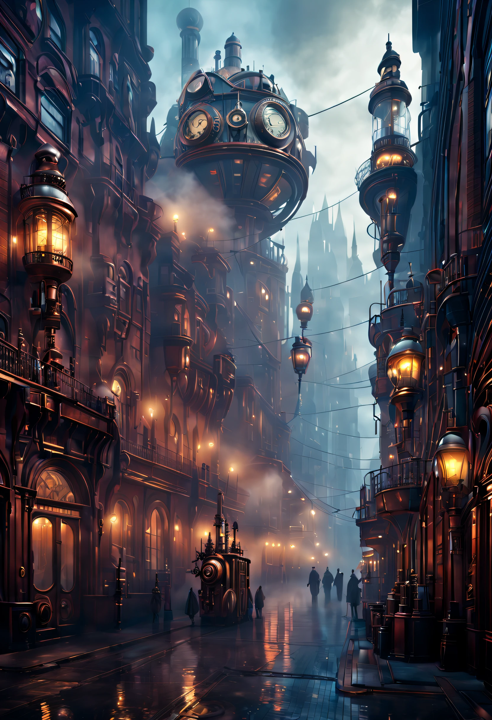 Steampunk, a Steampunk city street filled with lots of tall buildings, rétrofuturisme, éclairage volumétrique brumeux, science-fiction victorienne.