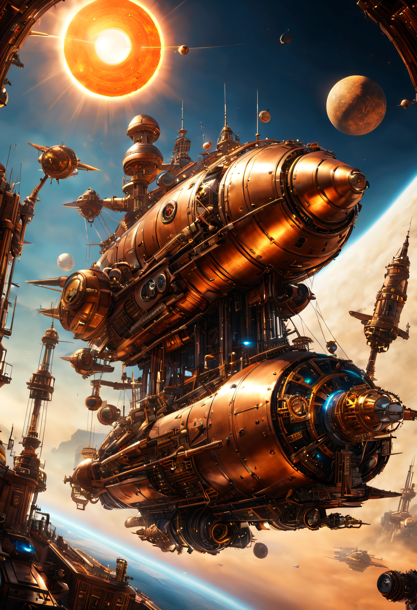 steampunk, Eine von Steampunk inspirierte Science-Fiction-Szene mit einem futuristischen Raumschiff im Orbit um einen sonnendurchfluteten Planeten. Das Schiff ist mit einer Vielzahl von Geräten und Gadgets ausgestattet, die alle mit Dampf betrieben zu sein scheinen.