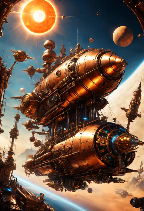 steampunk, A steampunk-inspired sci-fi scene featuring a futuristic spaceship in orbit around a sun-drenched planet. The ship is...
