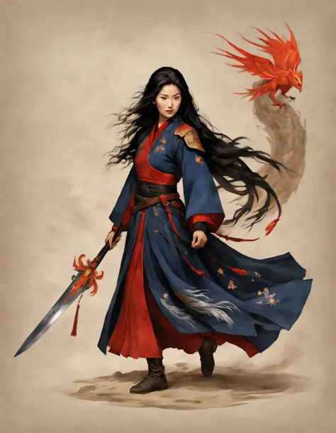 （The knight Mulan wears a phoenix helmet，Wearing dark blue armor，wielding longsword），（full bodyesbian），（shelmet），（Mulan wields h...