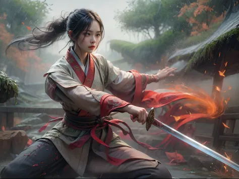 1个Giant Breast Girl，Kungfu，（arma，long sword）, Valley woods，Surrounded by rain，Illustration style，motionblur，Prolonged exposure t...