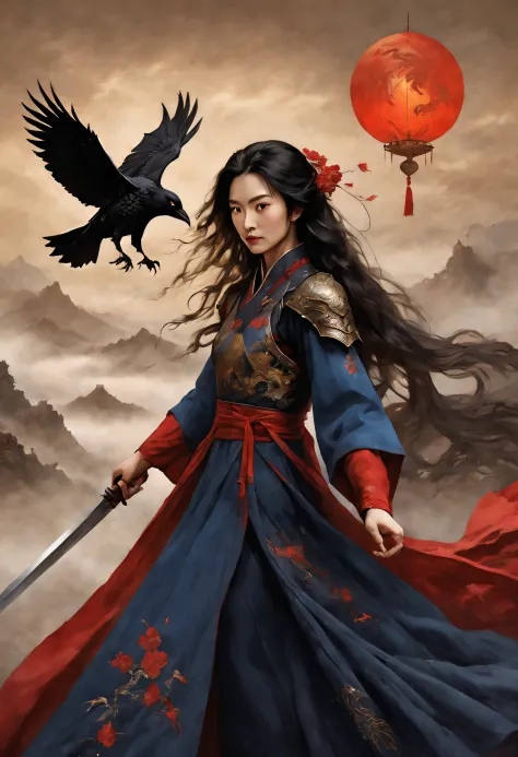 （The knight Mulan wears a phoenix helmet，Wearing dark blue armor，Wielding a long sword），（full bodyesbian），（shelmet），（Mulan wield...