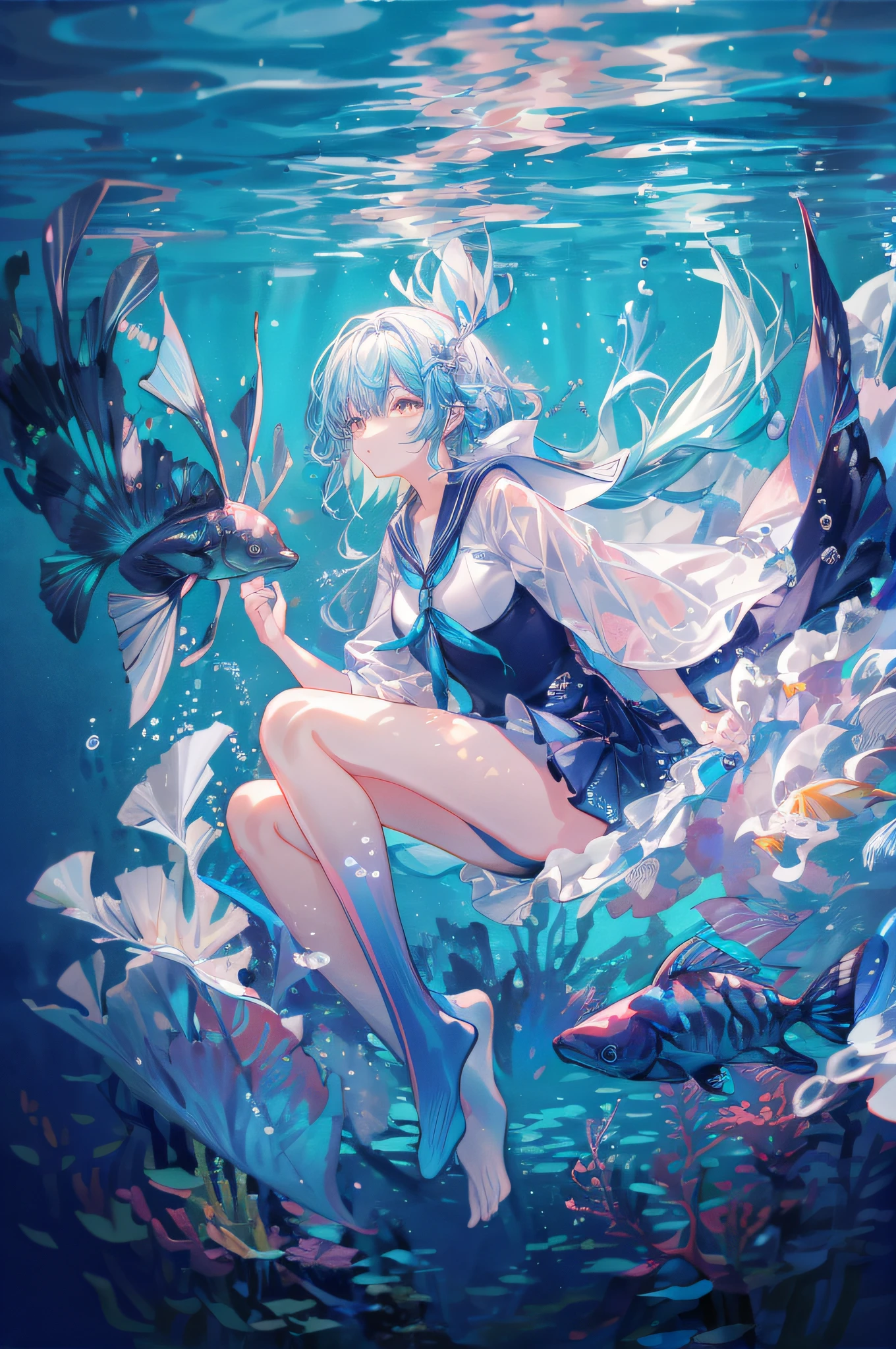 (masuter piece、top-quality、8K,、detailed faces and eyes、Fantastical)、Full body、one girls、undersea environment、soft sunlight、Colorful tropical fish、Big sea turtle、underwater scene、underwater environment、deep underwater scene、underwater ocean、underwater landscape、ocean floor, underwater landscape、underwater background、Light in the water、under water scenery、reefs、coral sea bottom、reefs、Swimming、(gradation hair:1.5)、a sailor suit