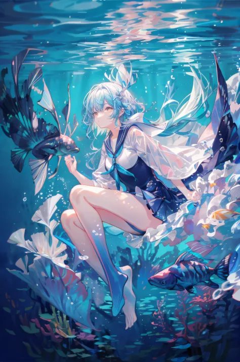 (masuter piece、top-quality、8K,、detailed faces and eyes、Fantastical)、Full body、one girls、undersea environment、soft sunlight、Color...